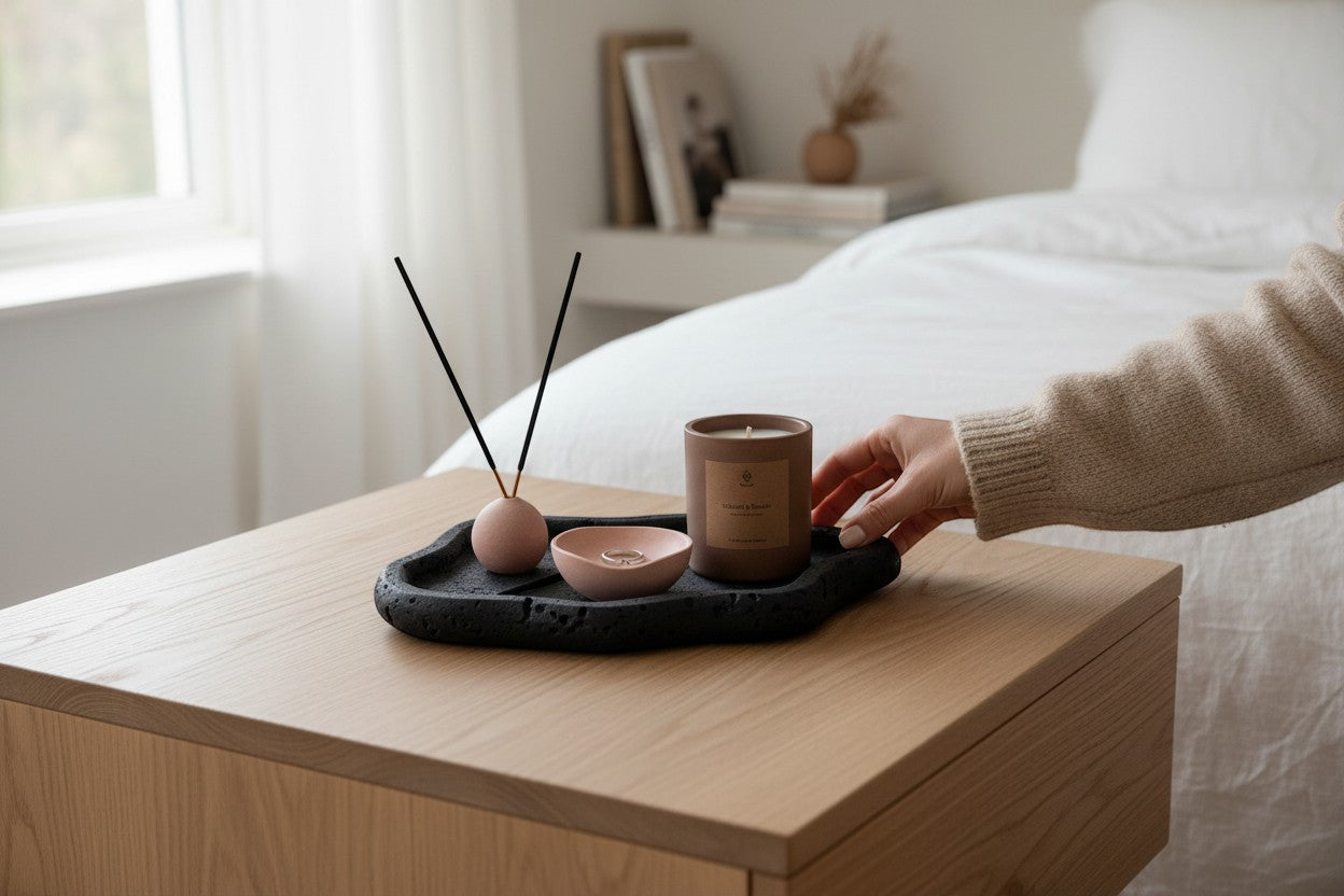 Solace & Smoke Lunar Tray in black Jesmonite, holding a pink diffuser and a brown candle.