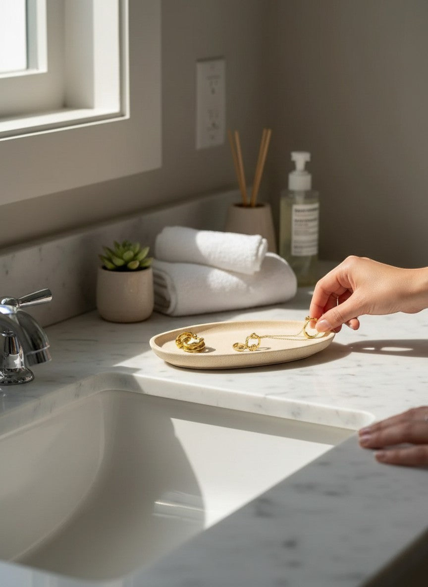 Solace & Smoke Arc Tray in Bath Stone and Marble Jesmonite, holding gold hoop earrings and a delicate necklace.