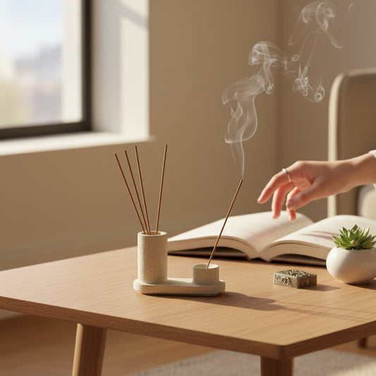 Solace & Smoke minimalist beige textured incense holder with two compartments for incense sticks and ash catcher.