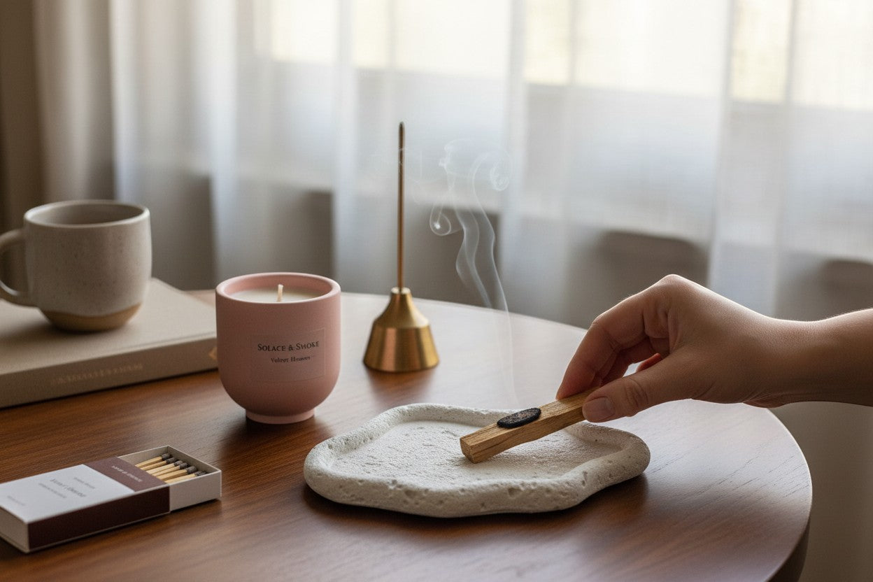 Solace & Smoke Lunar Tray in Cloud Stone, a handcrafted Jesmonite dish for incense or small items.