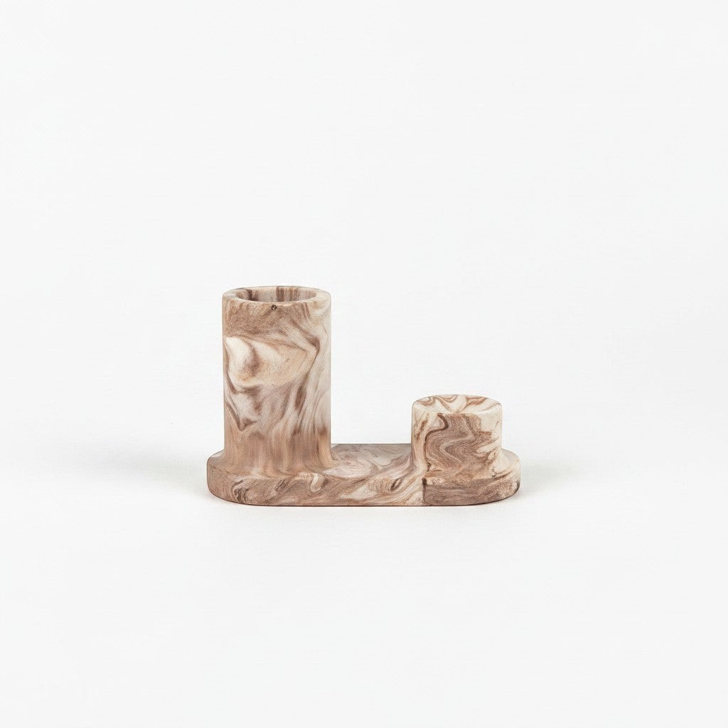 Solace & Smoke minimalist desk organizer with two compartments in marbled brown and cream tones. Textured material.