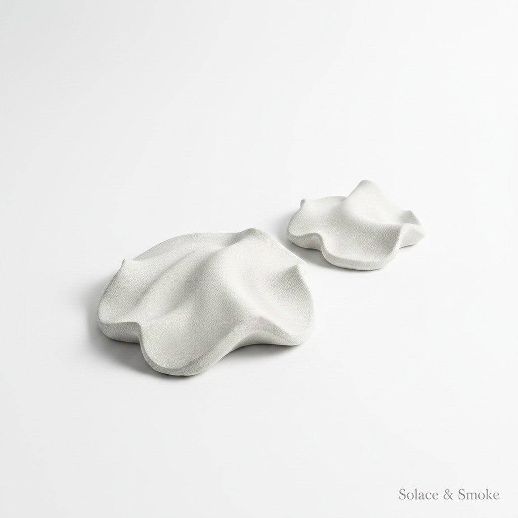 Solace & Smoke white textured ceramic petal-shaped dishes for jewelry or trinkets.