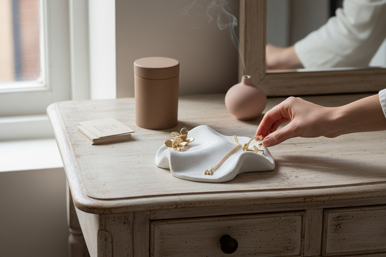 Solace & Smoke matte white textured decorative tray with a sculpted wave design, holding gold jewelry.
